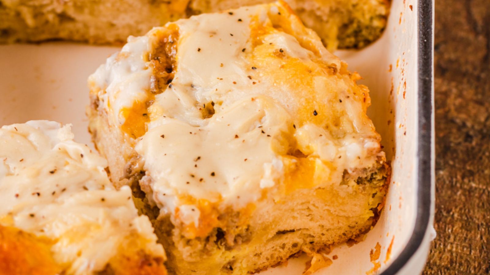 Biscuits and gravy casserole close up shot.