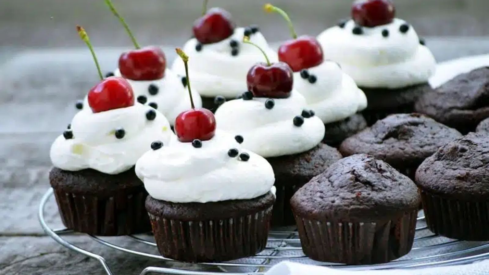 Black forest cupcakes with cherries.