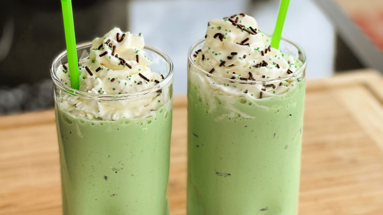 Two glasses of shamrock shake.