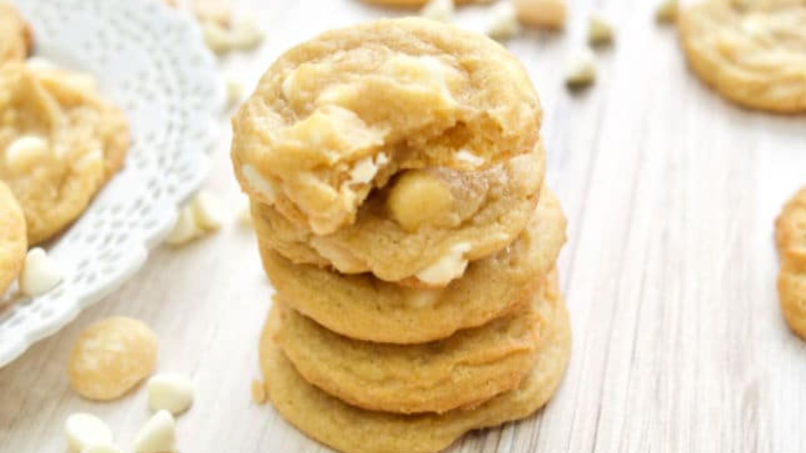 Stack of white chocolate cookies.
