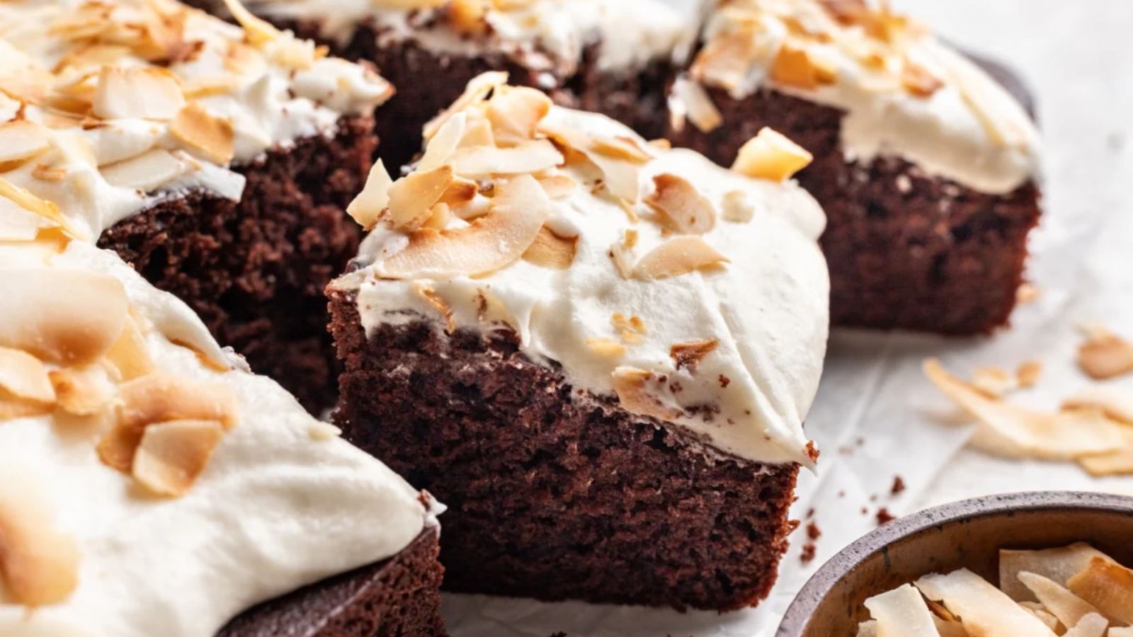 Slices of chocolate cake with coconut.