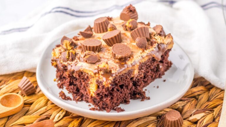 A slice of peanut butter poke cake.