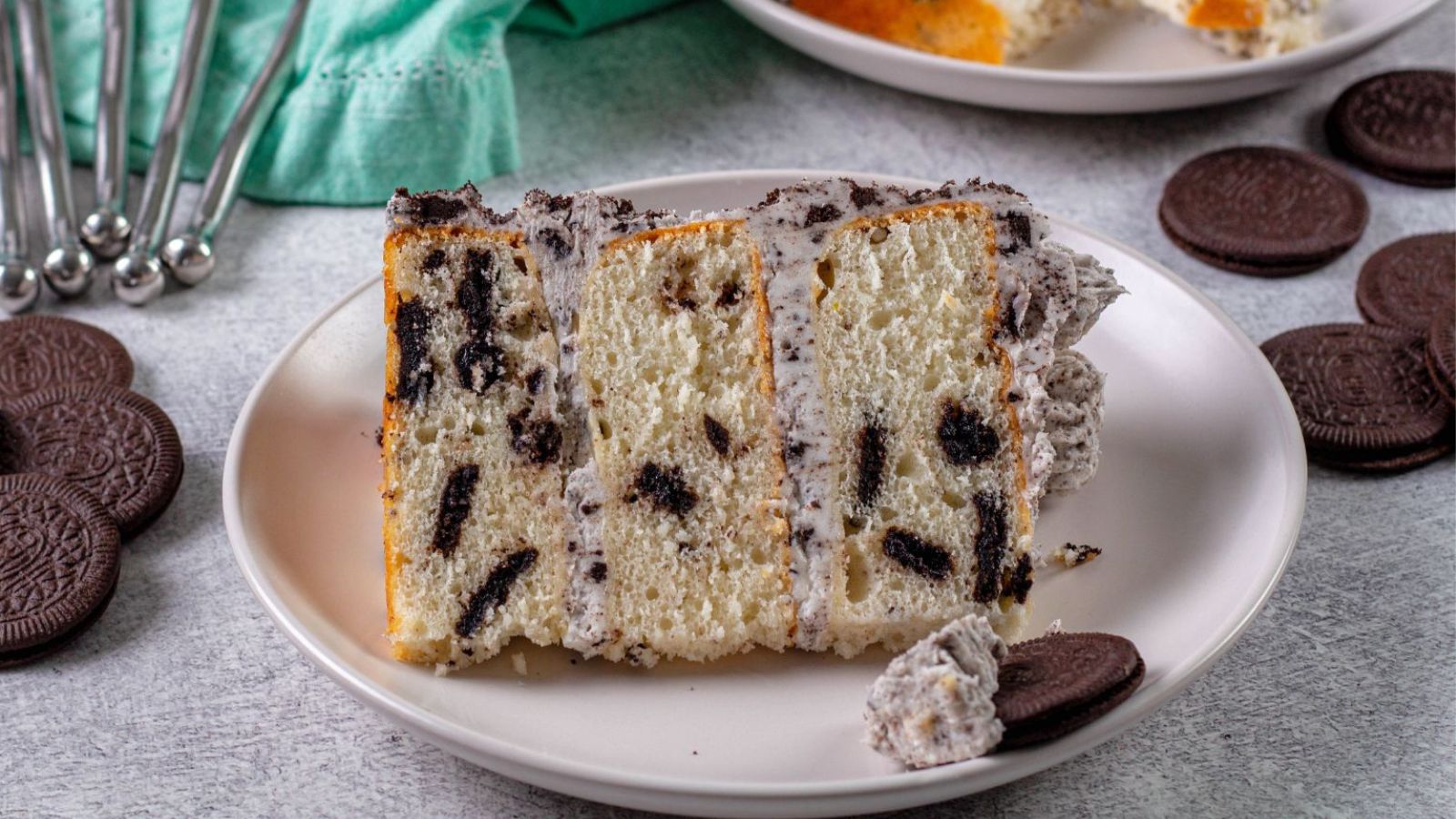 A slice of cookies and cream cake.