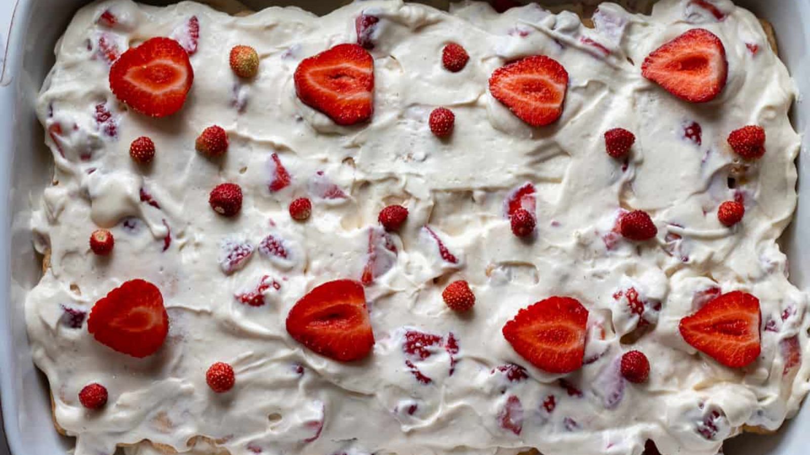 Strawberry tiramisu on a tray.
