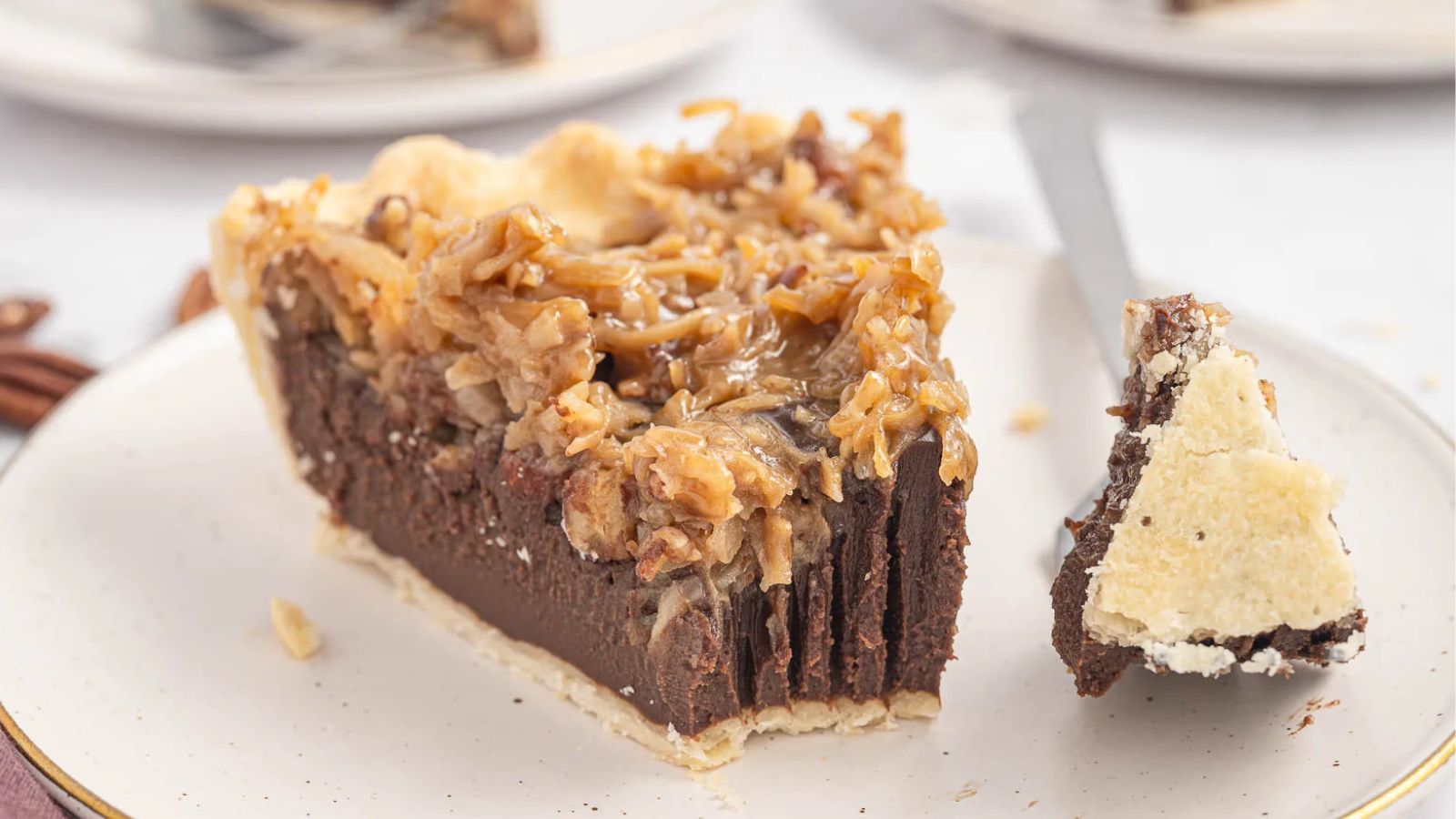 A slice of chocolate pie on a plate.