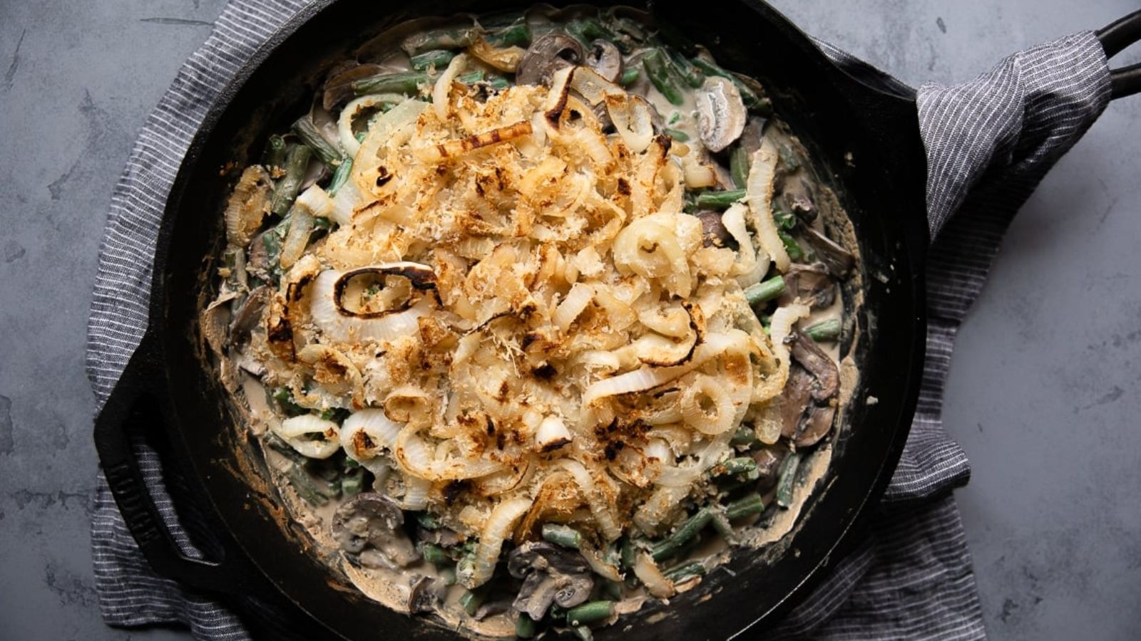 Green bean casserole in a pan.