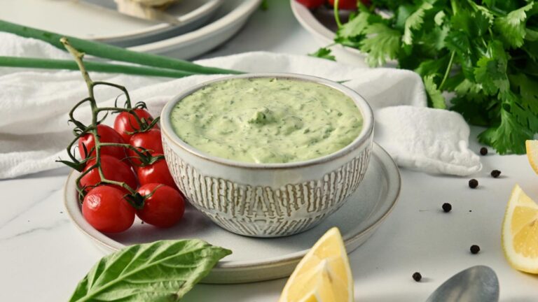 Green dressing in a bowl.