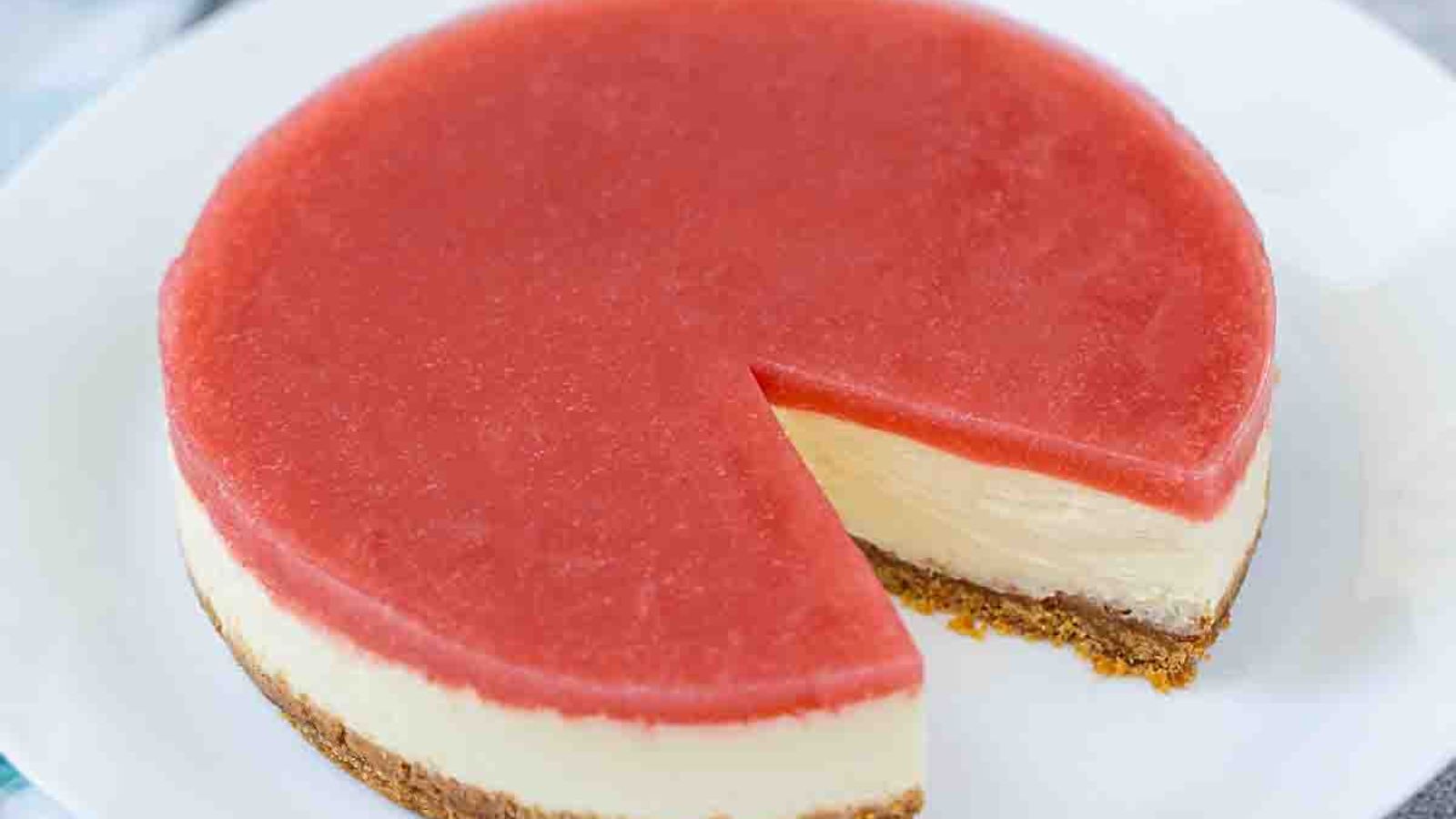 Guava cheesecake with a slice.