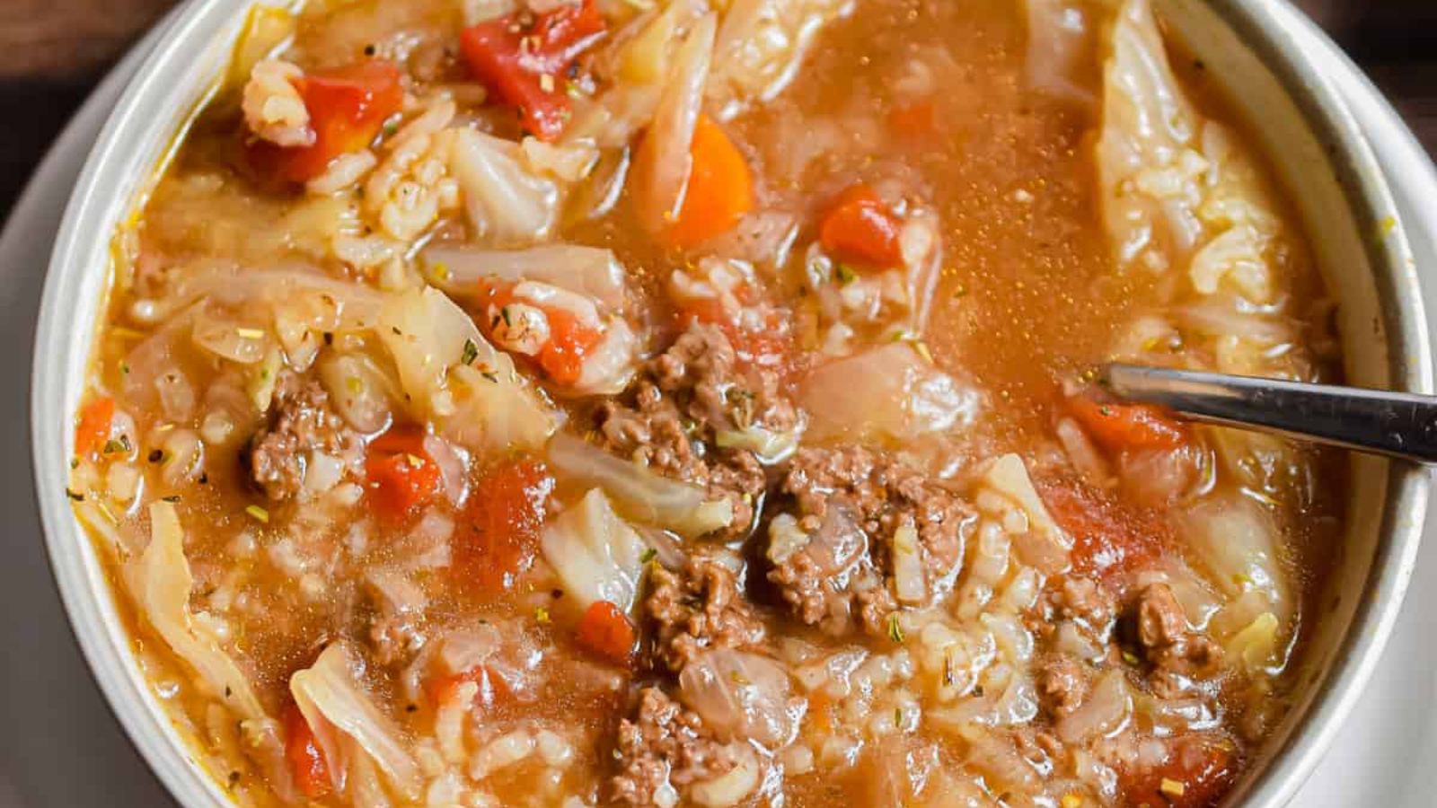 Cabbage roll soup in a bowl.