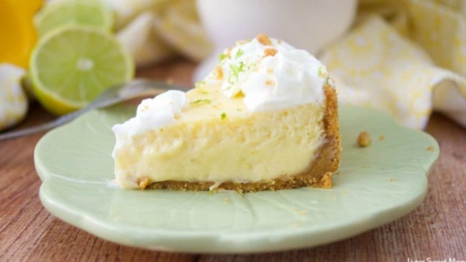 A slice of key lime pie on a plate.