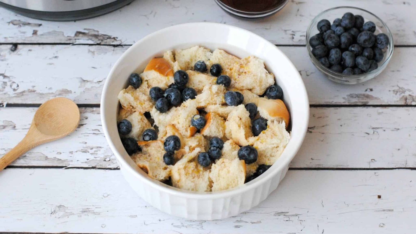 Blueberry french toast casserole in a bowl.