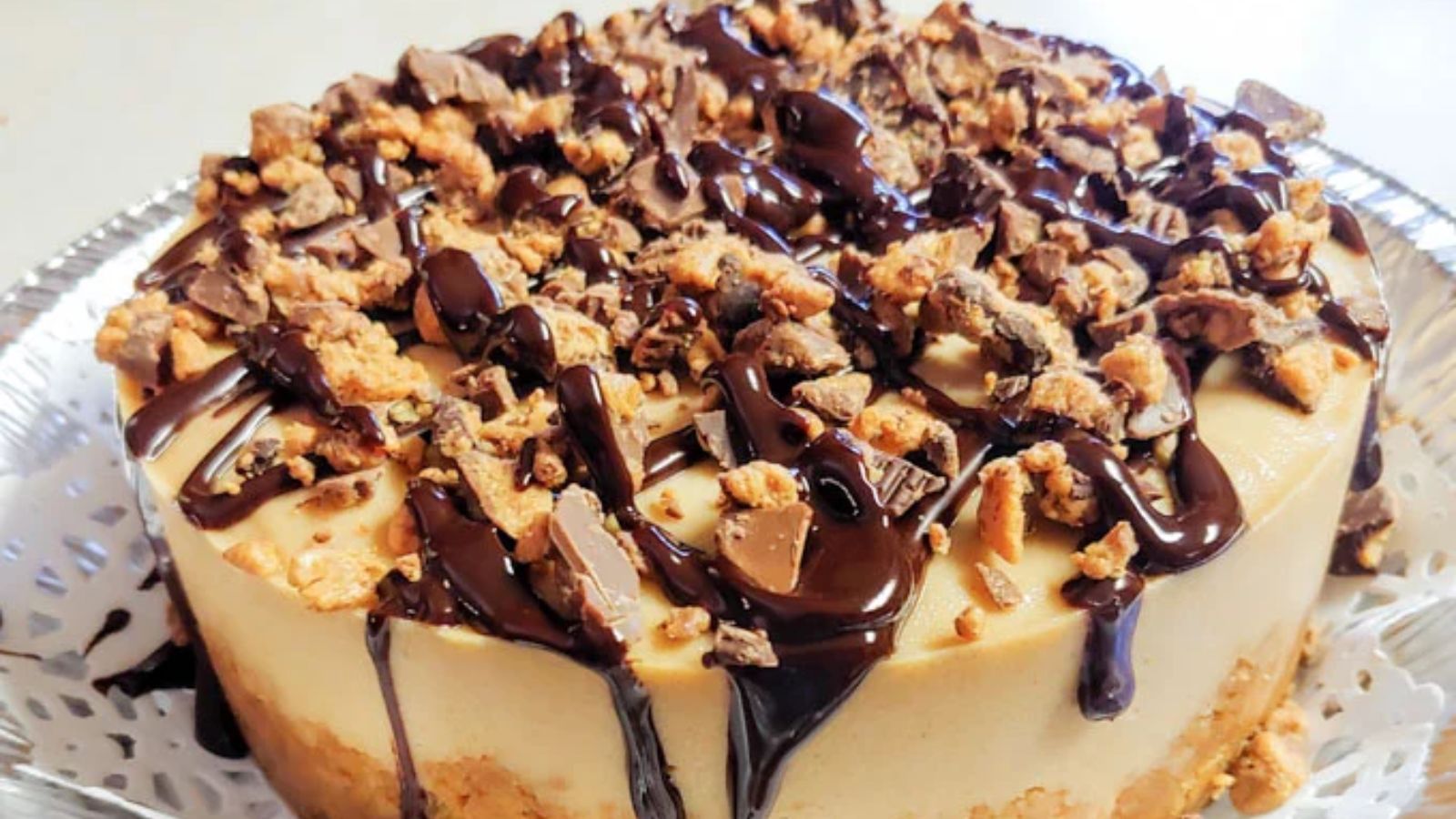 Reeses cheesecake close up shot.