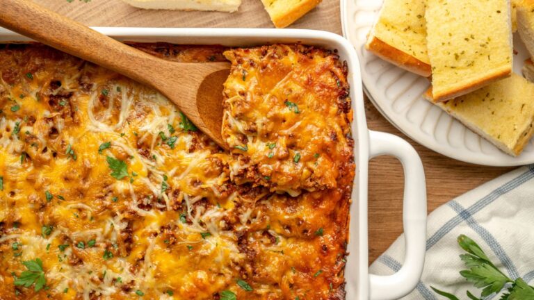 Noodle casserole on a tray.