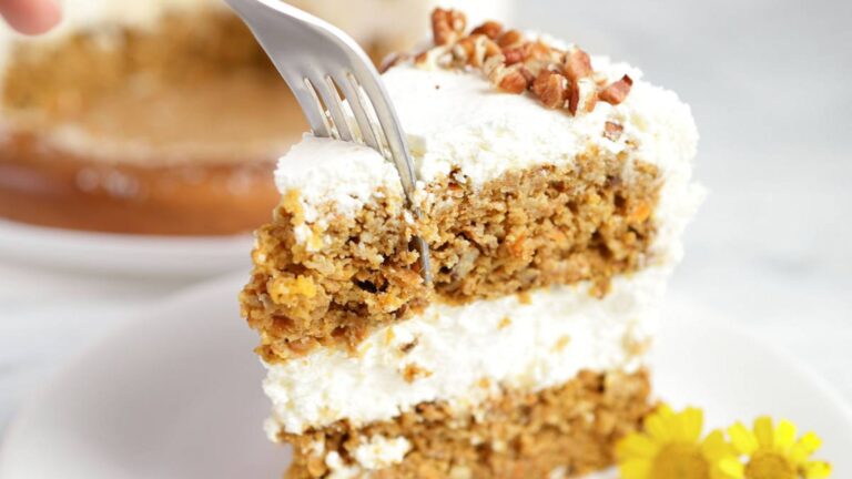 Carrot cake on a plate.