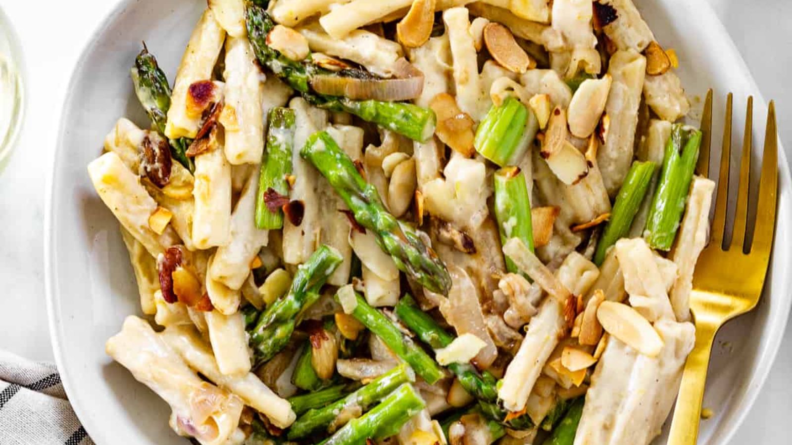Asparagus pasta on a plate.