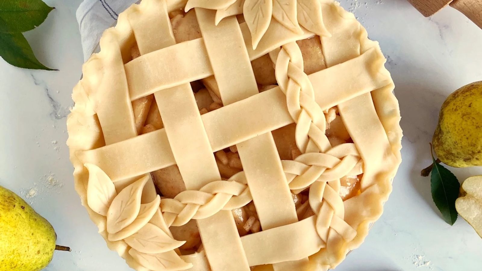 Salted caramel pie on a marble surface.