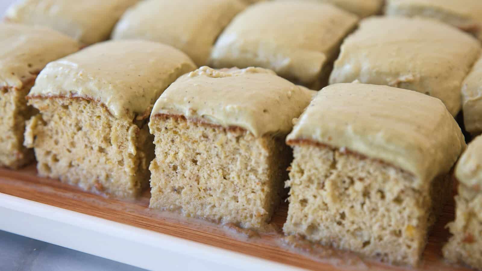Pistachio tres leches close up shot.