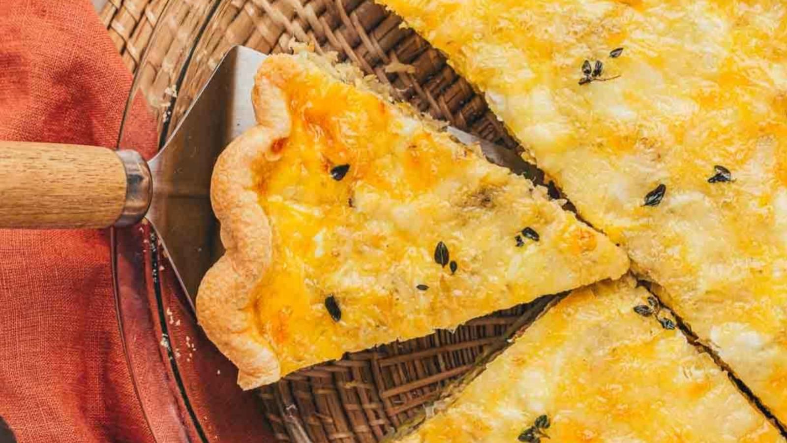 A slice of potato and leek quiche.