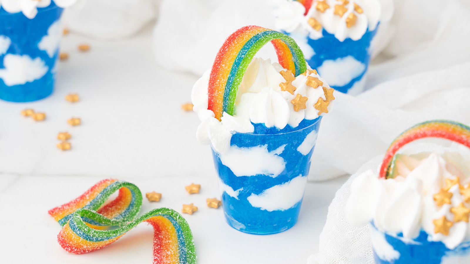 Jello vodka shot with rainbow candies.
