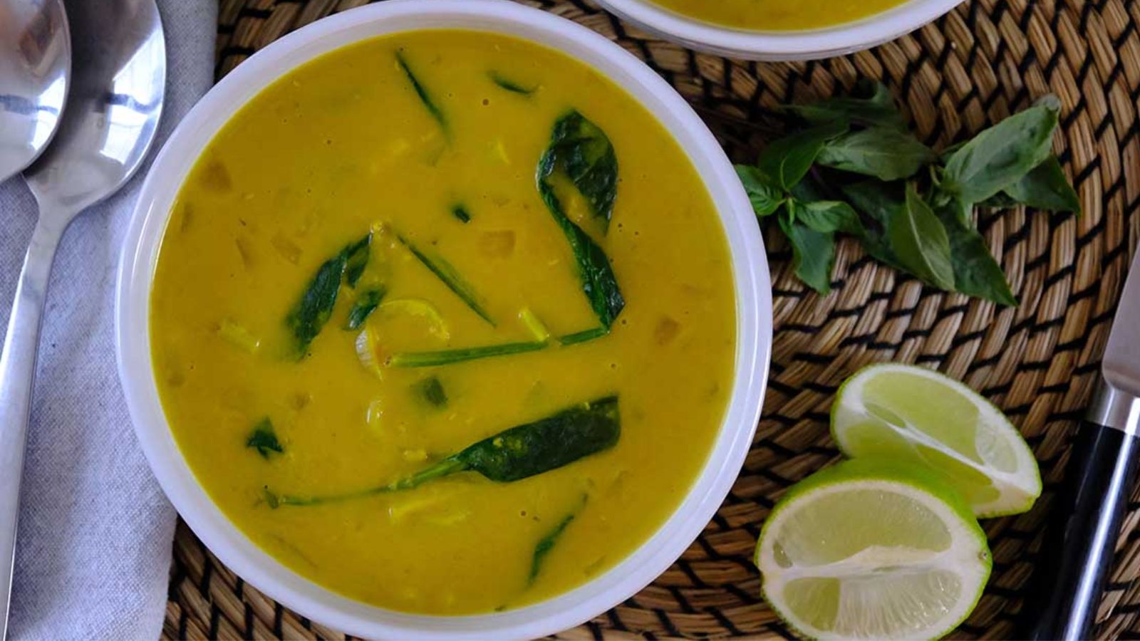 Red lentil and coconut soup in a bowl.