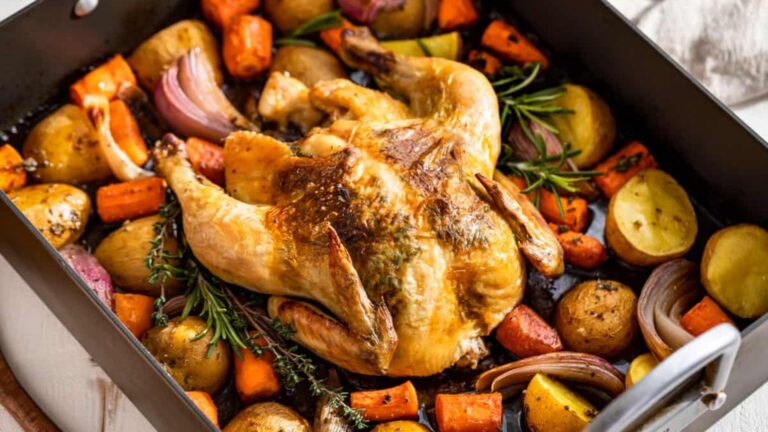 Roast chicken and vegetables.