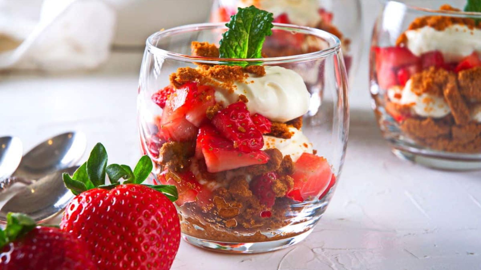 Strawberry parfait in a glass.