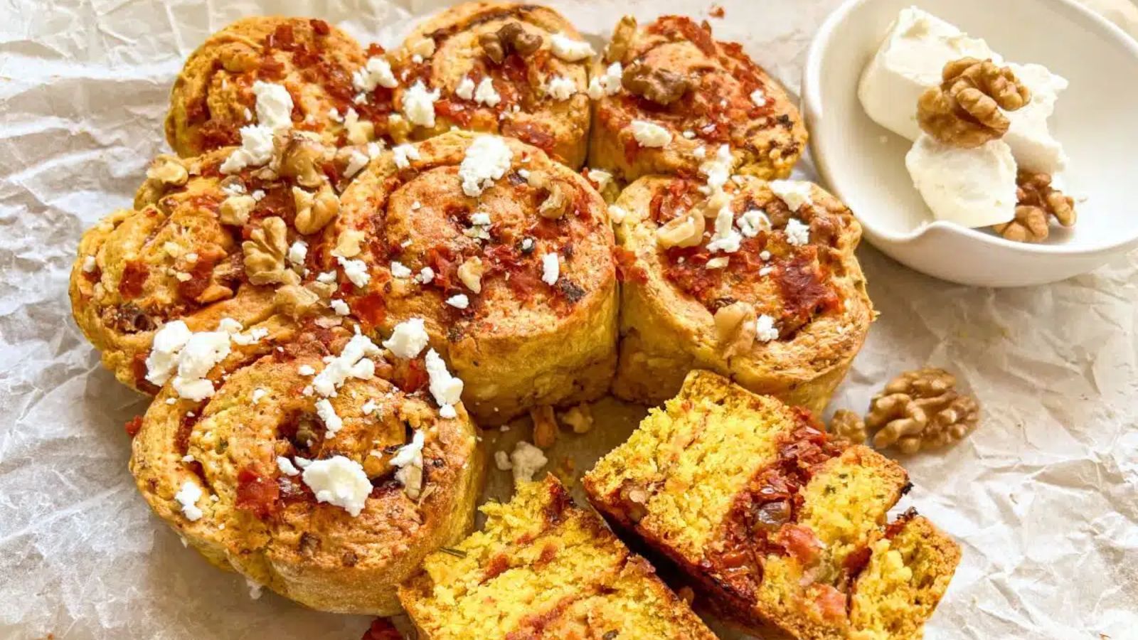 Pumpkin biscuit rolls with sun dried tomastoes.