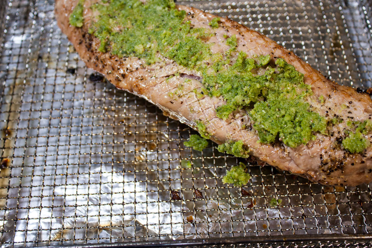 Pesto spread on the top after flipping it over.
