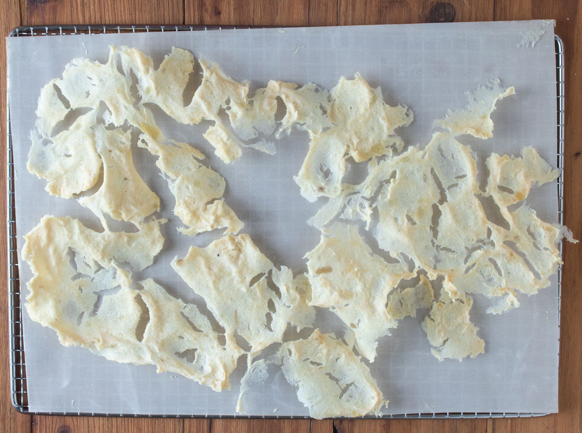 Dried mashed potatoes on the dehydrator tray.