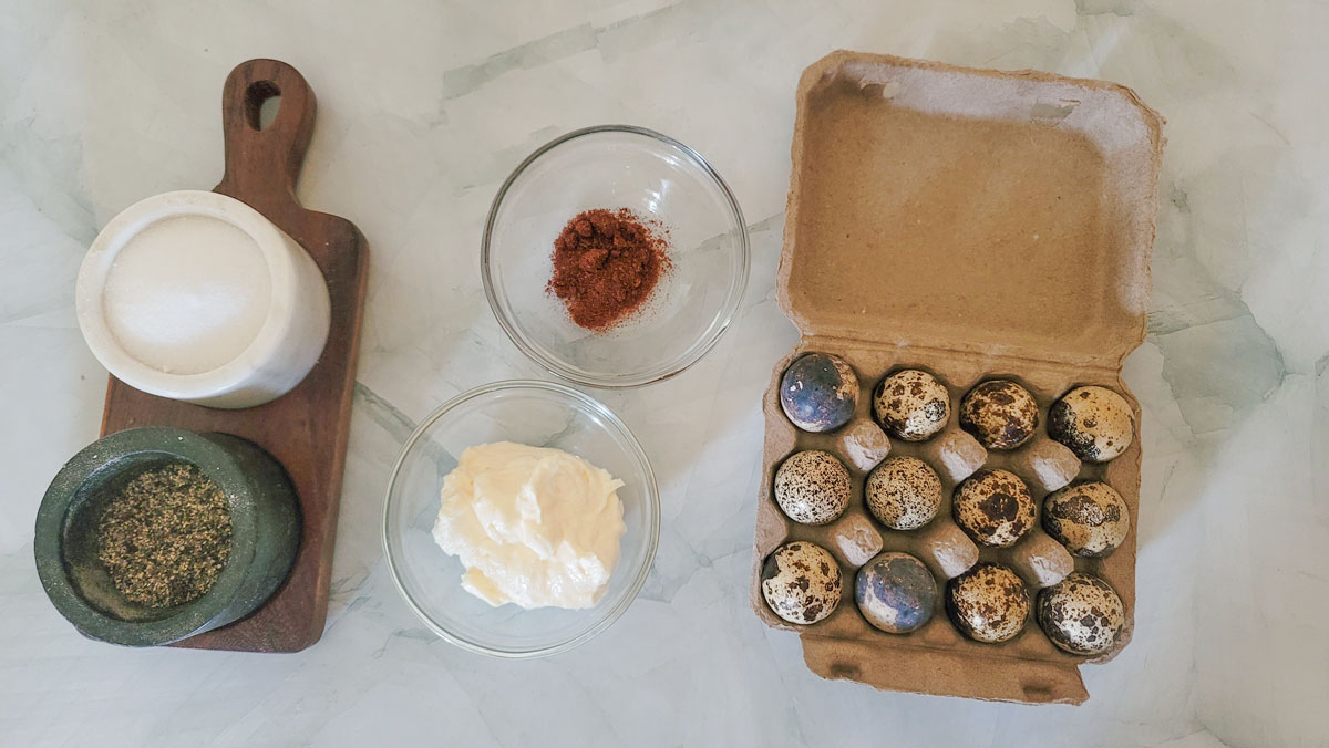 Ingredients in deviled quail eggs. See details in recipe card below.