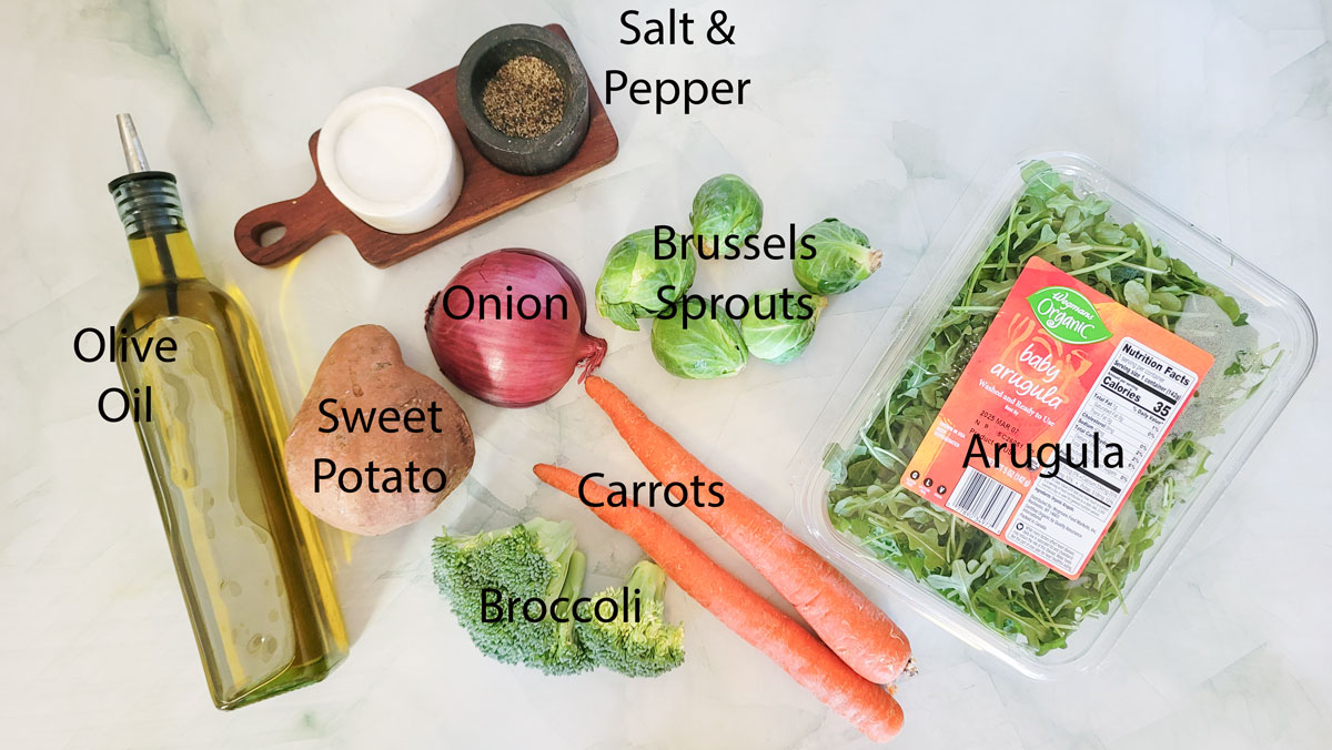 Ingredients for roasted vegetable salad. See details in recipe below.