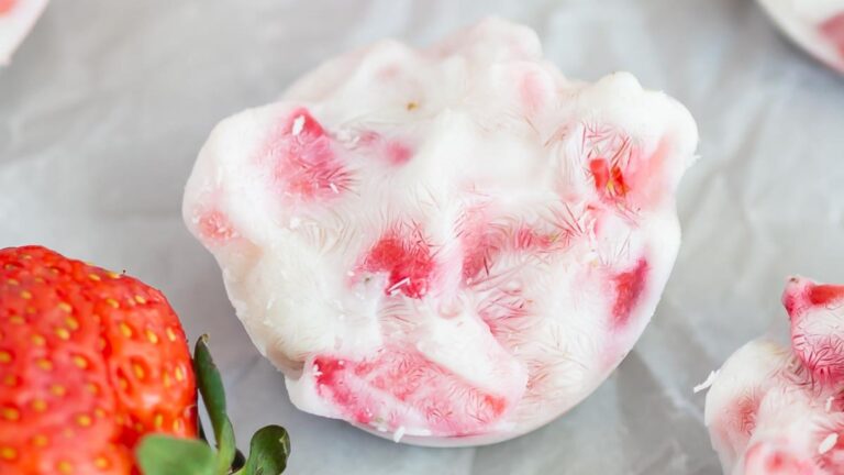 Close up of bite-sized yogurt dessert.