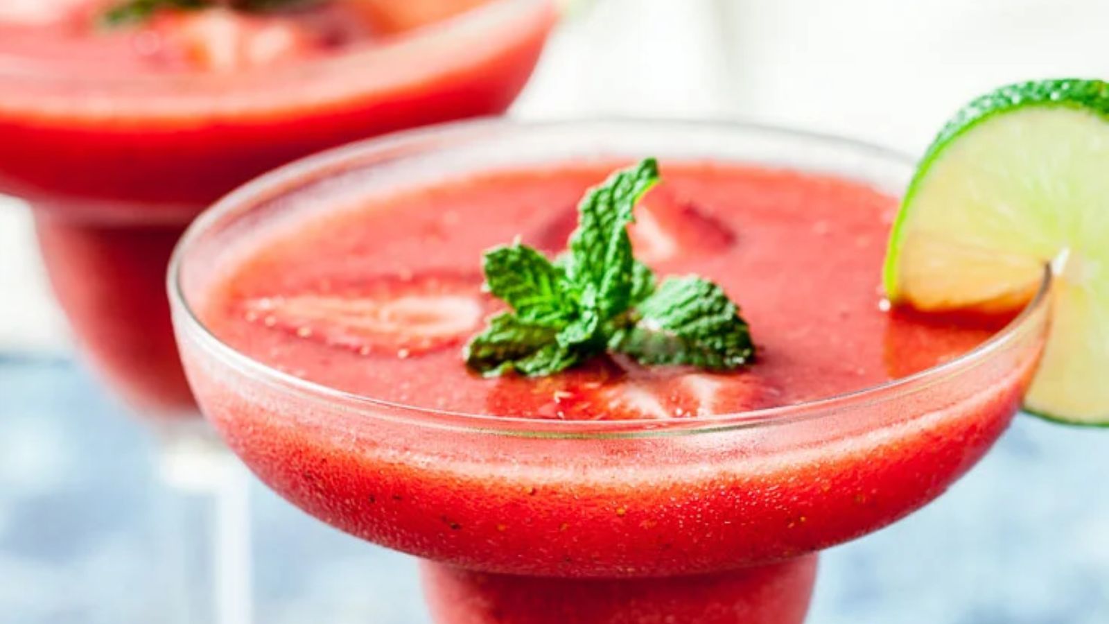 Close up shot of strawberry Daiquiri in a glass.