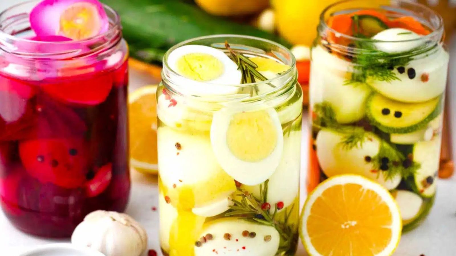 Pickled eggs on a jar.