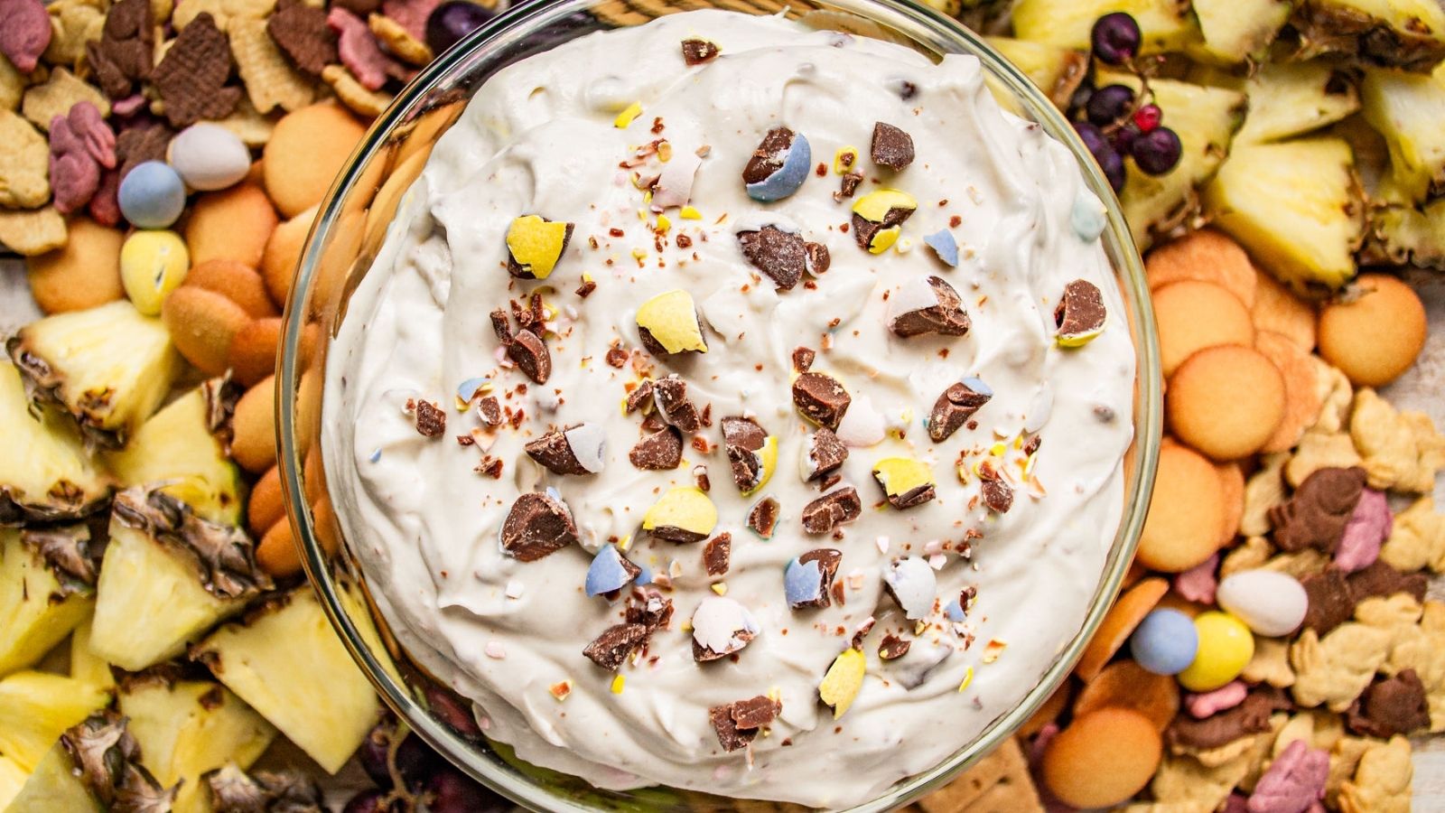 Cheesecake dip with crushed cadbury chocolate eggs.