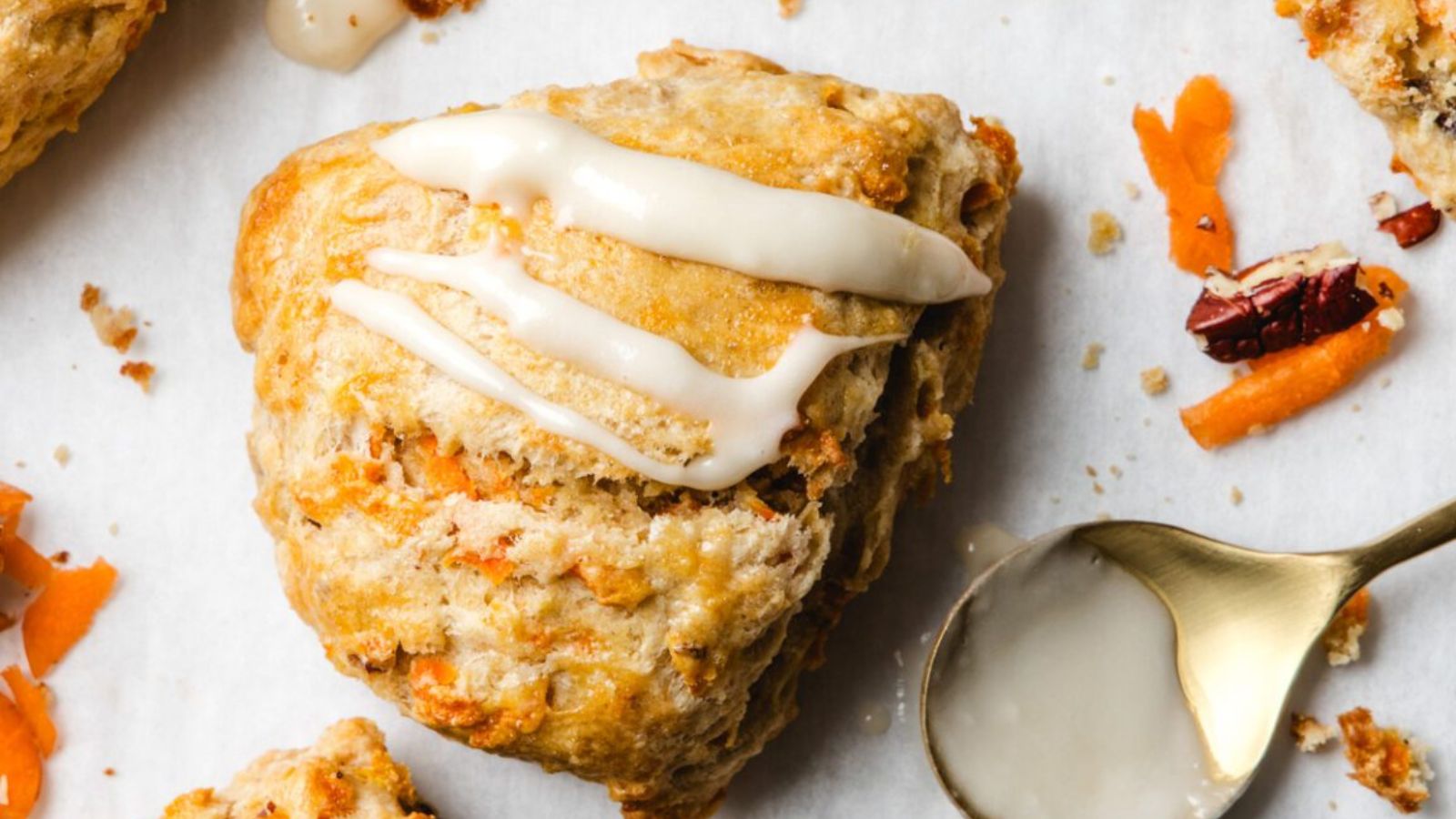 Close up shot of carrot cake scones.