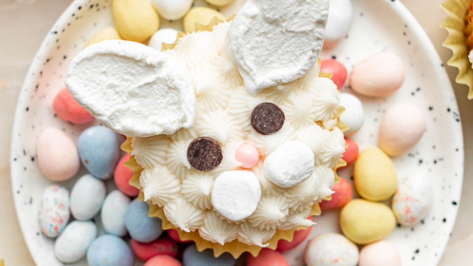 Close up shot of bunny cupcake.