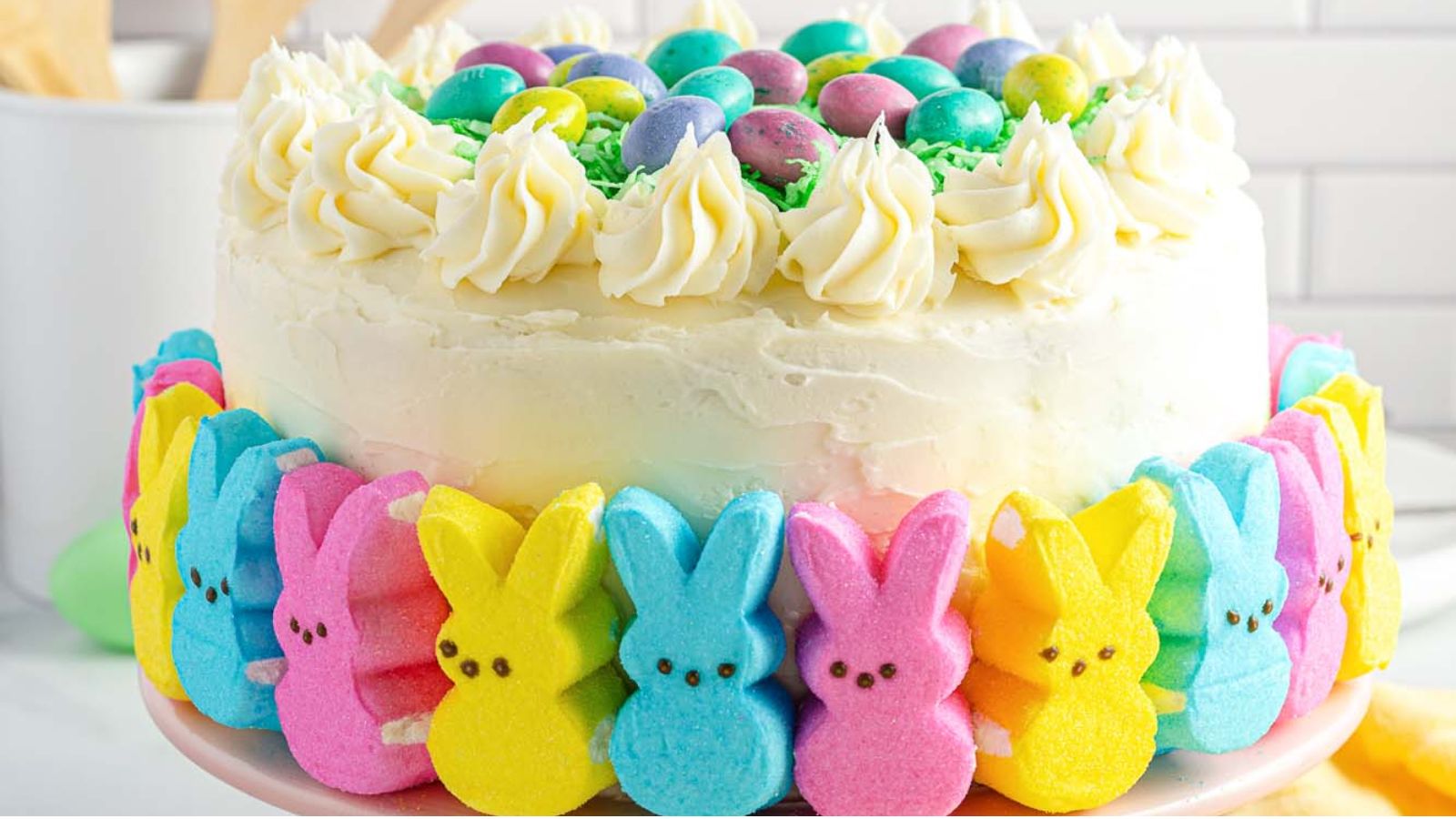 Close up shot of Easter peep cake.