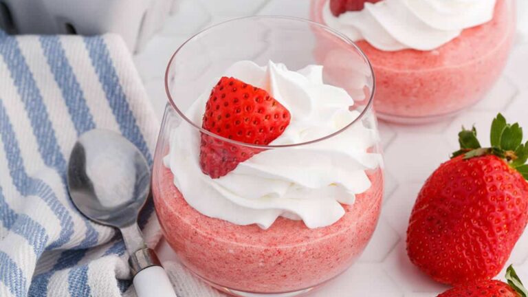Strawberry mousse in a glass.