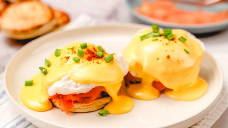 Eggs norwegian on a plate.