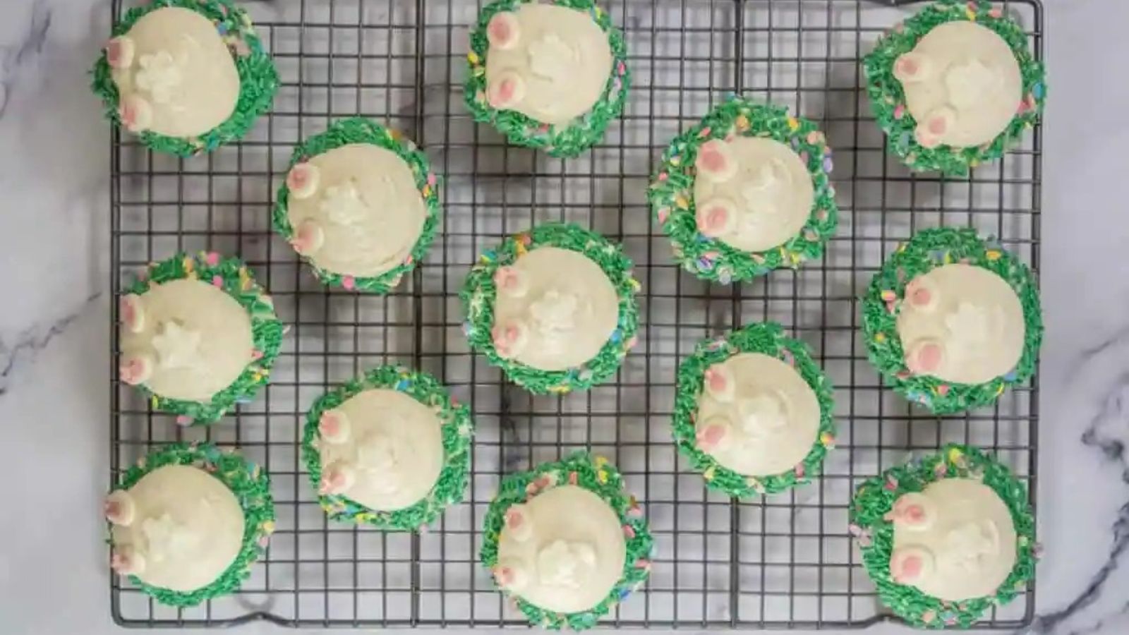 Bunny butt cupcakes on drying rack