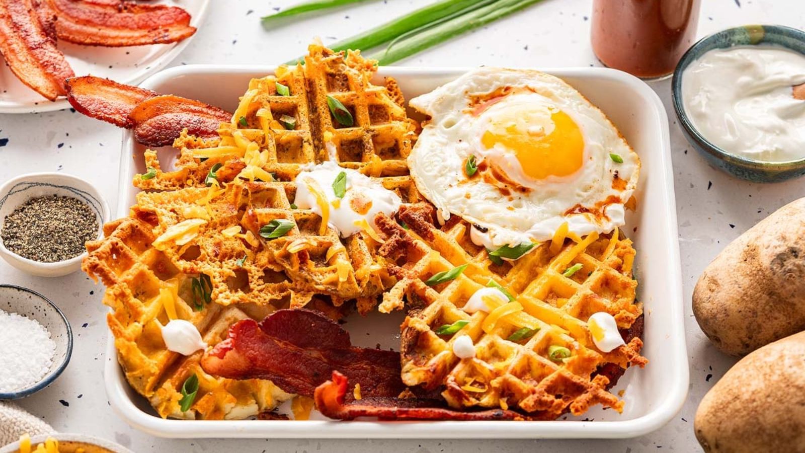 Cheesy potato waffles on a tub.