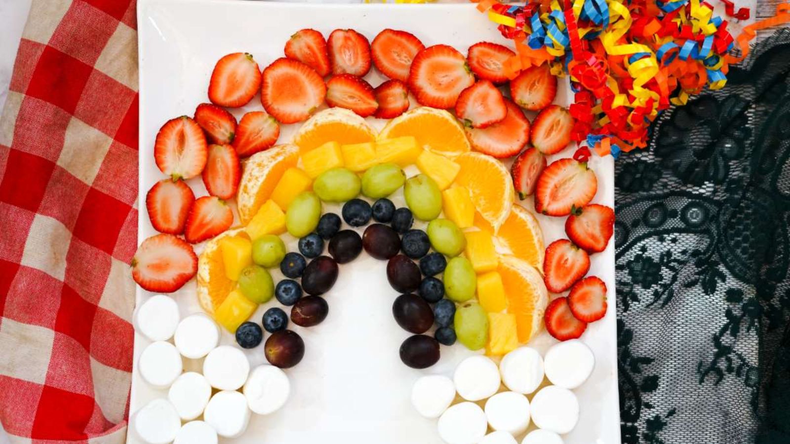 rainbow inspired fruit on a tray.