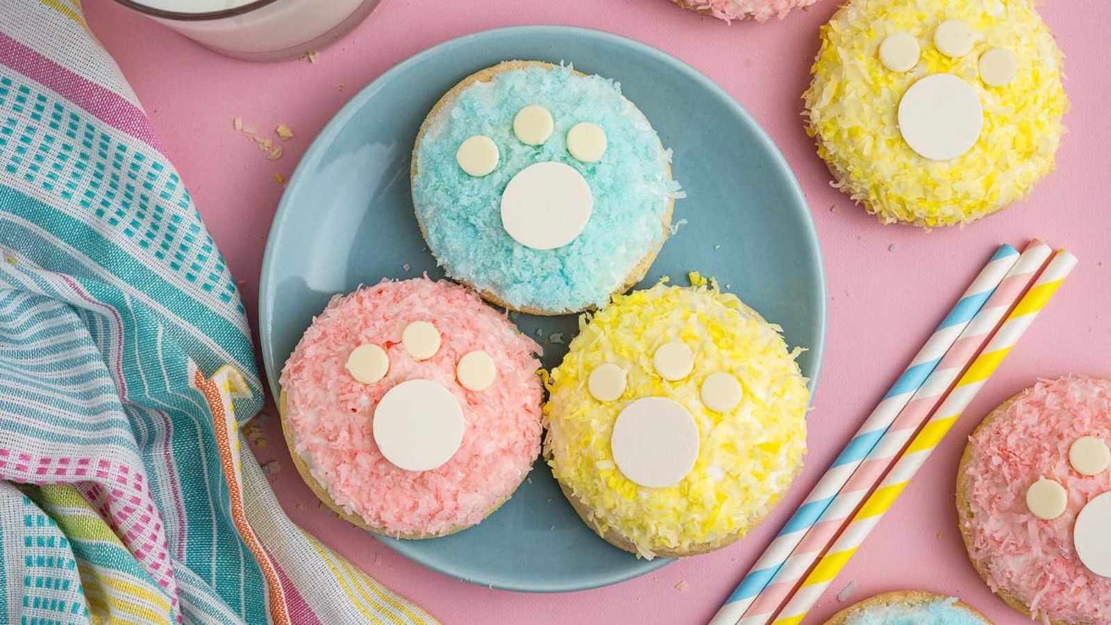 3 Cookies with bunny print on top.