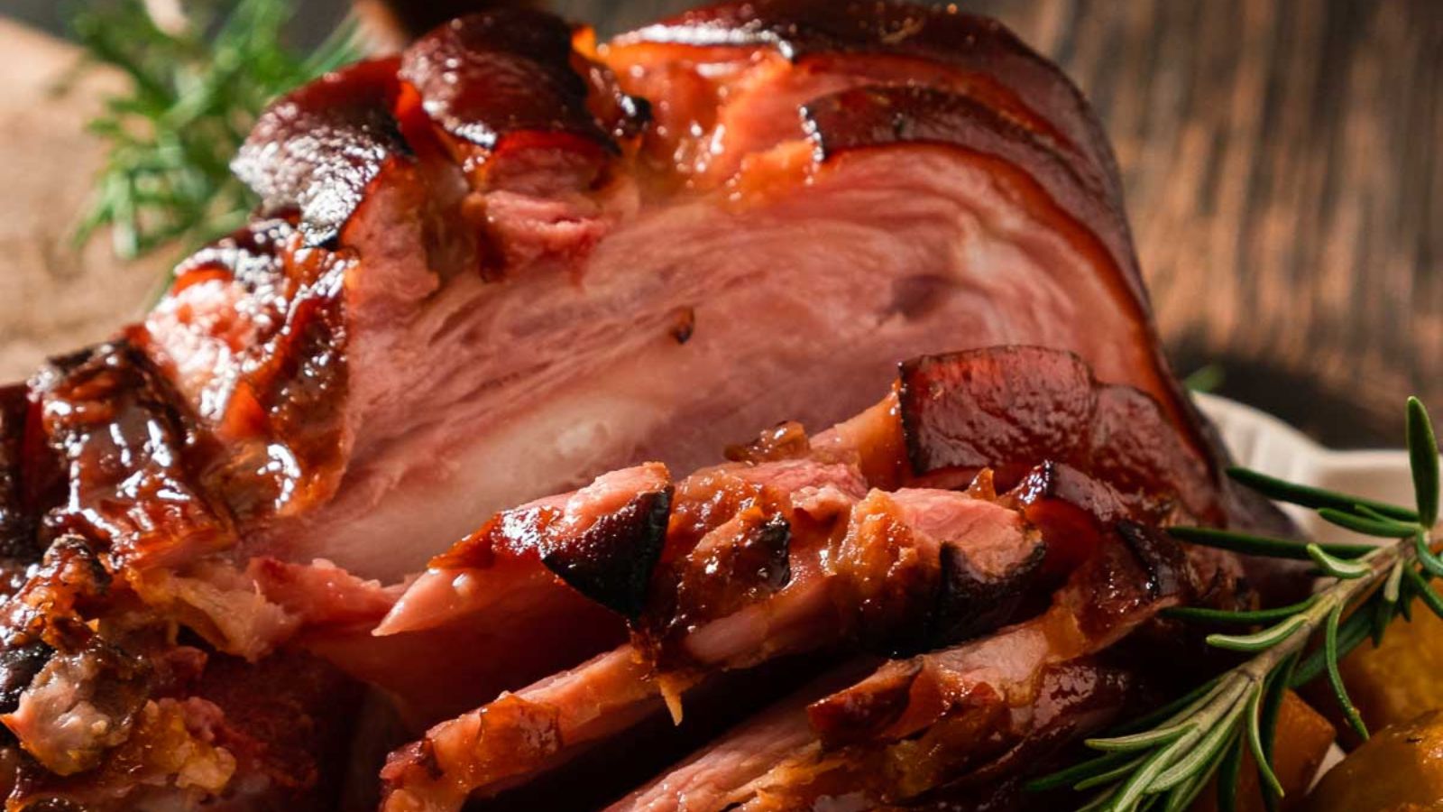 Baked ham with potatoes and carrots close  up shot.