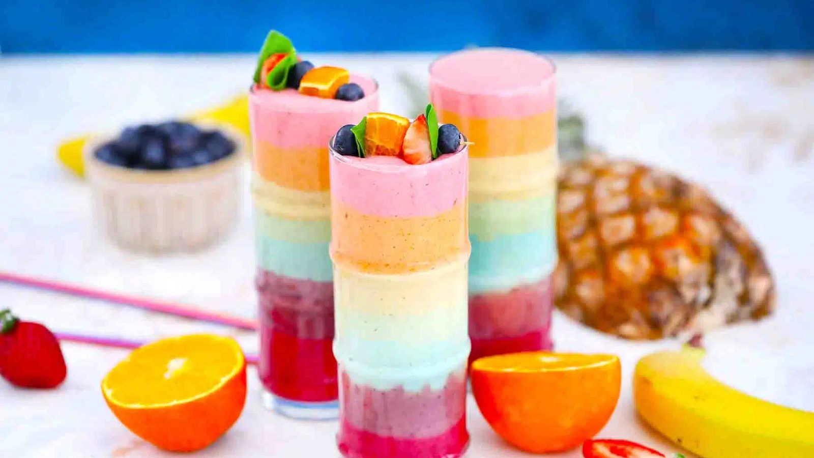 Rainbow smoothie in a glass.