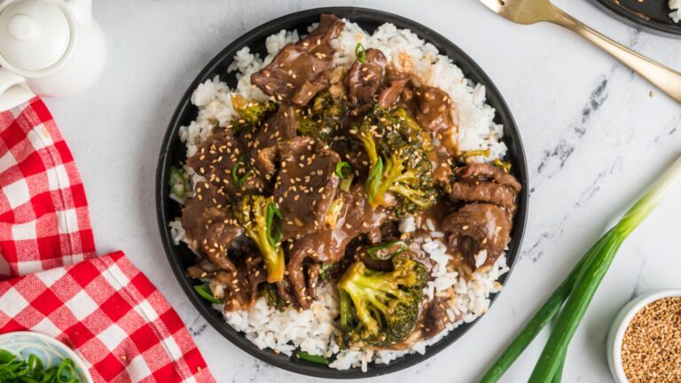 Beef and broccoli on a plate.