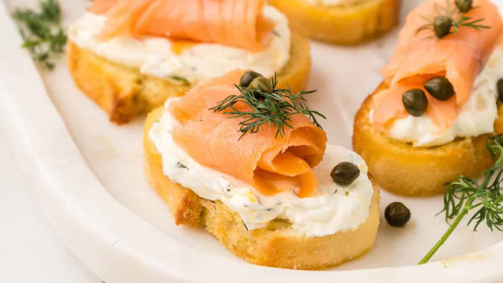 Salmon crostini close up shot.