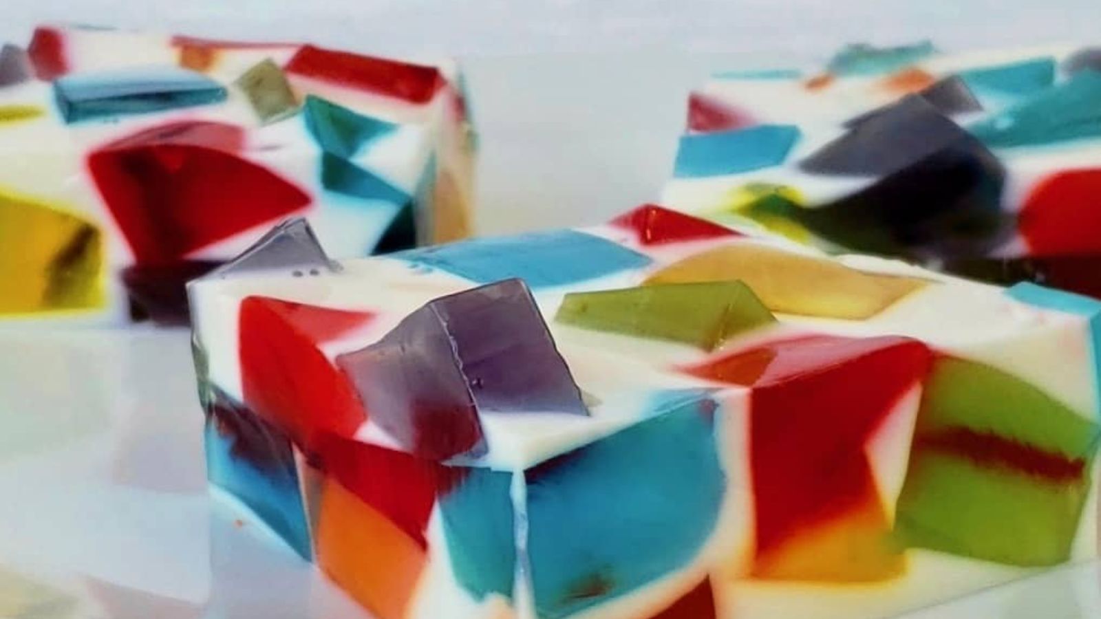 Rainbow jello close up shot.