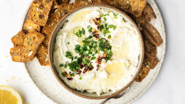 Lemon whipped feta dip in a bowl.